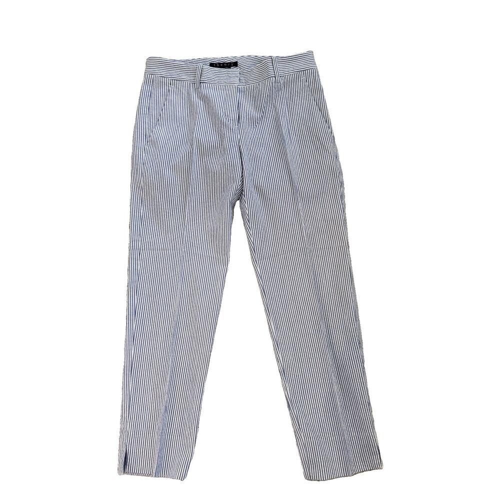 Theory Seersucker Blue Striped Pants Preppy Coastal Capsule sz 0 (28 in. x 25)